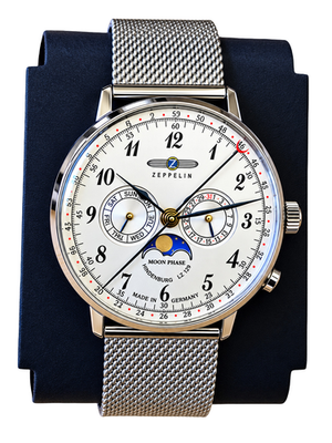 Zeppelin LZ 129 Hindenburg Moonphase Men's Watch Silver Dial Day