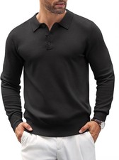 Mens Button Down Knit Polo Shirt Long Sleeve Classic Casual Golf Top Lightweight
