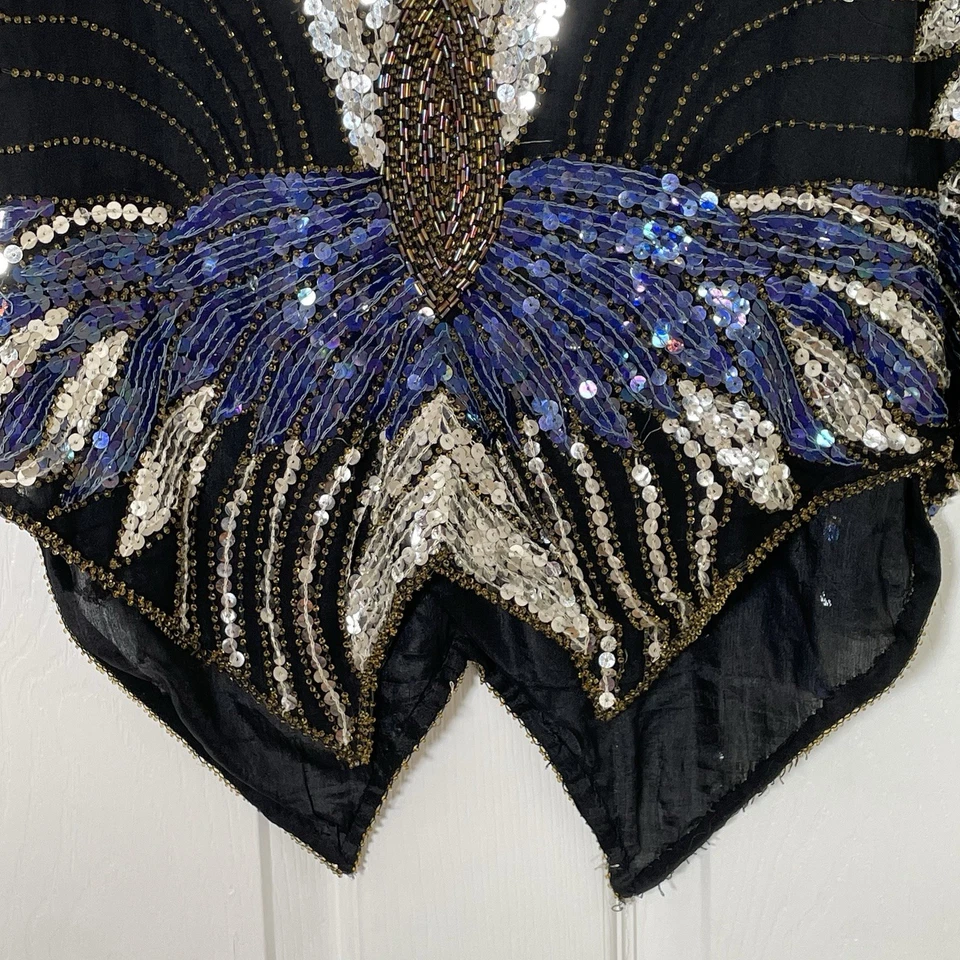 Top Scala Vintage Seda Lentejuelas Cuentas Mariposa Azul Plata Negro Años 70 80 Rocker Foto 3 de 4