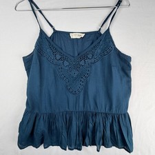 Lucky Brand Womens Teal Blue Crochet Lace Peplum Cami Top Small Boho Adjustable