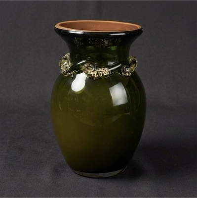 #ad Vintage MCM Hand Blown Olive Green Glass Vase Clear Rigaree Gold Aventurine 9” $50.00