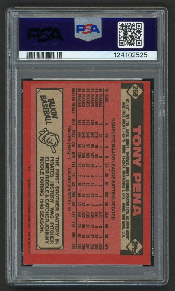 1986 TOPPS TONY PENA #260 PITTSBURGH PIRATES GREAT PSA 8 (OC) NM-MINT - Image 3 of 3