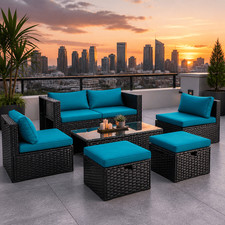 6Pcs Outdoor Patio Furniture Set Rattan Wicker Sectional Sofa Storage Table Blue