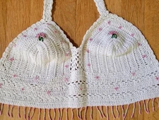 SOHO Village Wear Beaded Fringe Crochet Halter Top White Perfect Hippy Festival