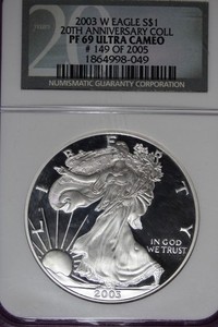 2003 W NGC PF69 ULTRA CAMEO AMERICAN SILVER EAGLE 20TH ANNIVERSARY #B51643