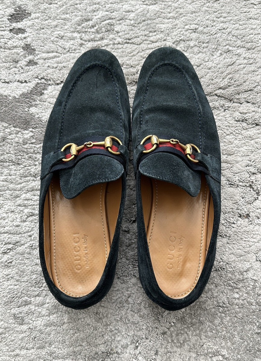 Authentic Gucci Web Gold Horsebit Blue Suede Mens Loafer US9 EU42