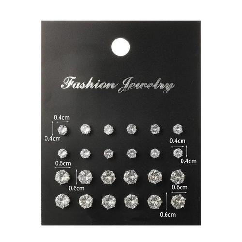 New 12 Pairs Round Cubic Zirconia CZ Stud Silver Earrings Different Sizes Men - Picture 2 of 3