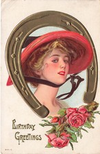 PRETTY LADY BIG HAT HORSESHOE BIRTHDAY POSTCARD 1909 EMBOSSED 080124 T