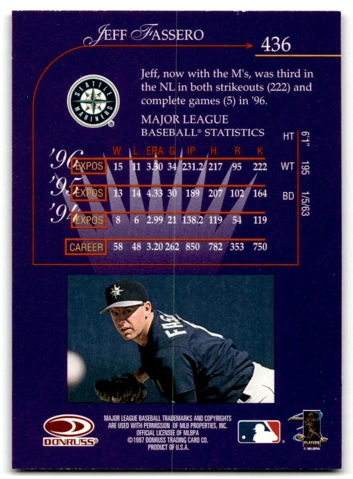 1997 Donruss King of The Hill Jeff Fassero Seattle Mariners #436 - Image 2 of 2