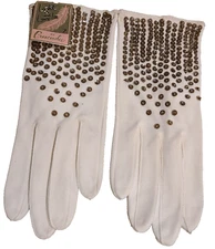 New! Vintage Sz M 7 White Swiss Spun Cotton Stretch Formal Gloves Bronze Sequin