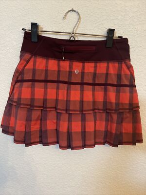 Lululemon Pace Setter Skirt Sz 4 Yama Check Heathered Flaming Tomato Lined