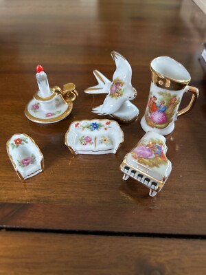 Limoges Puppenhaus Miniaturen Klavier Sofa Stuhl Kammerstab Schwalbe Krug x 6