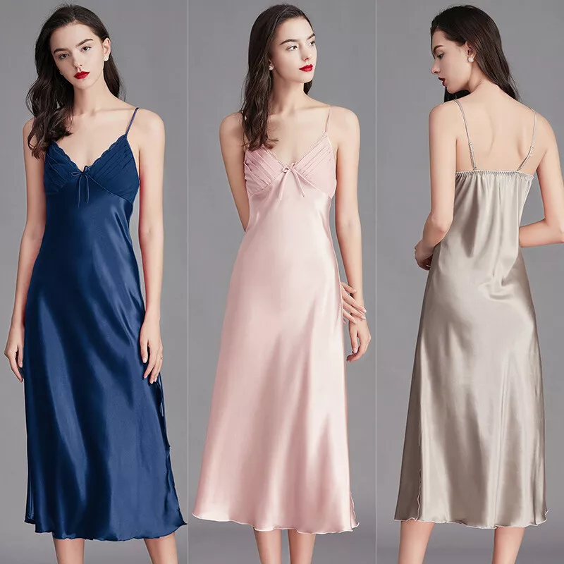 Women Satin Slip Dress Long Pajamas Nightgown Sleepwear Sexy V-Neck  Nightdress