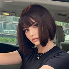 Short Dark Brown Bob Wigs with Bangs Synthetic Wig for Women Cosplay Daily Party