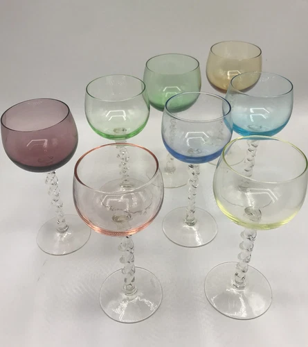 VTG 8 Depression Vaseline Cordial Glasses Twisted Stem Hand blown Multi-Color