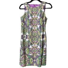 LONDON TIMES size 8 women's shift dress cotton purple & green vacation zips up