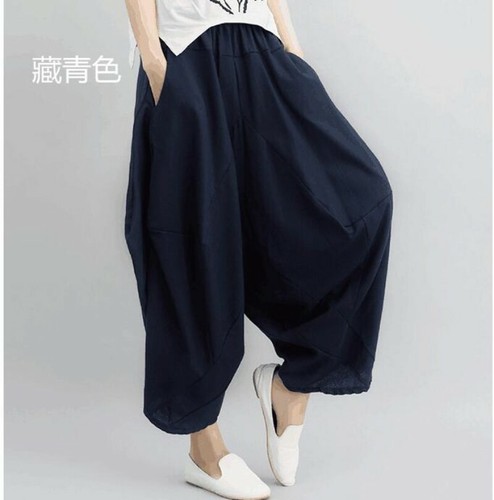 Ethnic Style Women Cotton Linen Lantern Pants Elastic Waist Ninth Trousers Loose - Picture 21 of 22