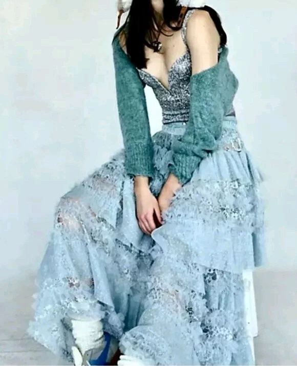 Free People тюль много половина макси юбка ярусный размер S оборки серый комбо новый #1 - Изображение 2 из 4