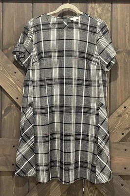 J. Jill Black White Plaid Short Sleeve A Line Swing Dress Linen Blended Size M