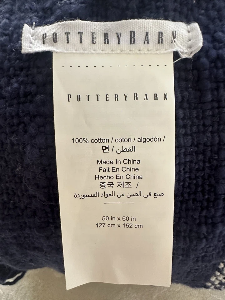 Pottery Barn Reversible Throw Navy & White Plaid Pattern Fringe Edging 50”x60” - Image 4 of 4