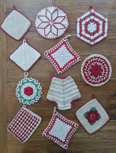Vintage Red Cream Crochet Hot Pads Trivet Potholders Lot 11 Piece Novelty Doily 