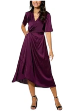 Nina Leonard Women's Hammered Satin Drape-Front Dress Black Plum