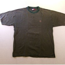 Tommy Hilfiger Mens Vintage Striped T-Shirt Green Navy Blue Crest Logo Large