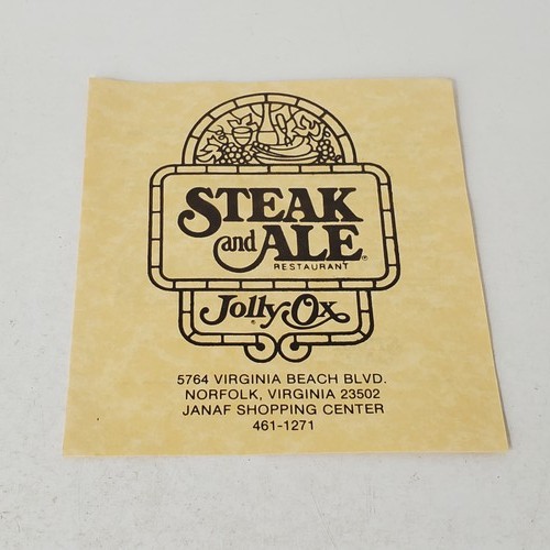 Vintage Steak and Ale Restaurant Menu Norfolk VA Jolly Ox 1970s 1980s