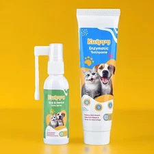 Dog Enzymatic Toothpaste Kit Plaque Remover Finger Brush & Breath Spray Dogs Cat