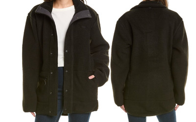 RAINS Womens Long Heavy Fleece Jacket XS Black Pockets Button Front Cinch Waist