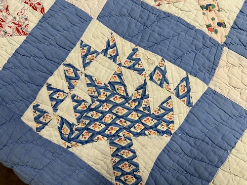 Antique Hand Pieced Quilted Pine Tree Quilt Blocks Mid Weight 66x74” Old Cotton - Afbeelding 2 van 23