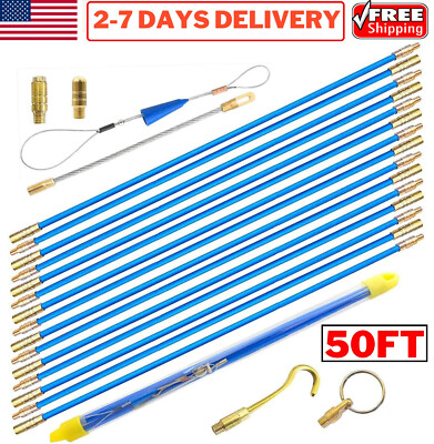50' Fiberglass Running Wire Cable Coaxial Electrical Fish Tape Pull Push Kit Rod