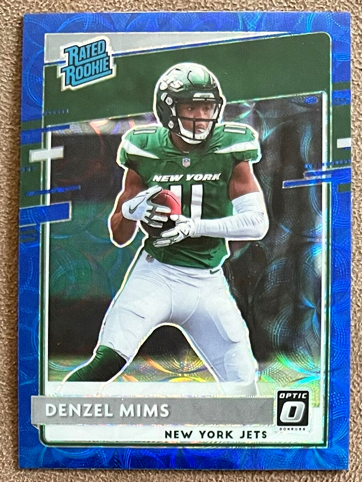 Denzel Mims 2020 Donruss Optic Blue Scope Prizm Rookie #173 Jets Parallel Card