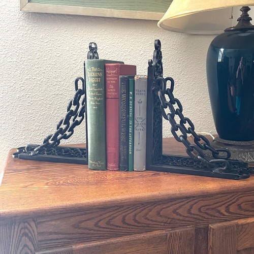 Vtg Victorian Unique Pair Steampunk Gothic Black Heavy Metal Chain Bookends Rare - Picture 3 of 7