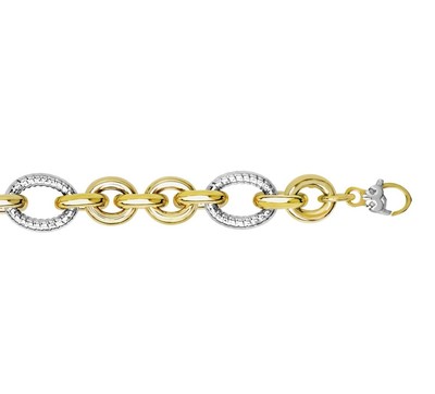 14k Yellow White Gold Fleur de Lis Alternating Ridge Oval Tube Link Bracelet
