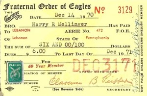 Vintage 1970 Fraternal Order of Eagles Receipt Harry Reithmeier FOE Aerie No 472