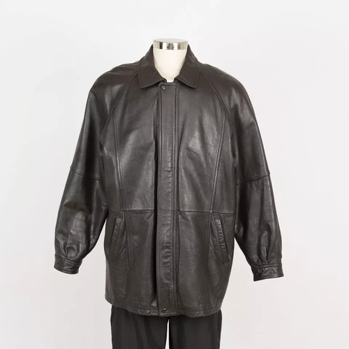 Mens Vintage Leather Jacket Size XL Black Removable Liner - Picture 2 of 12