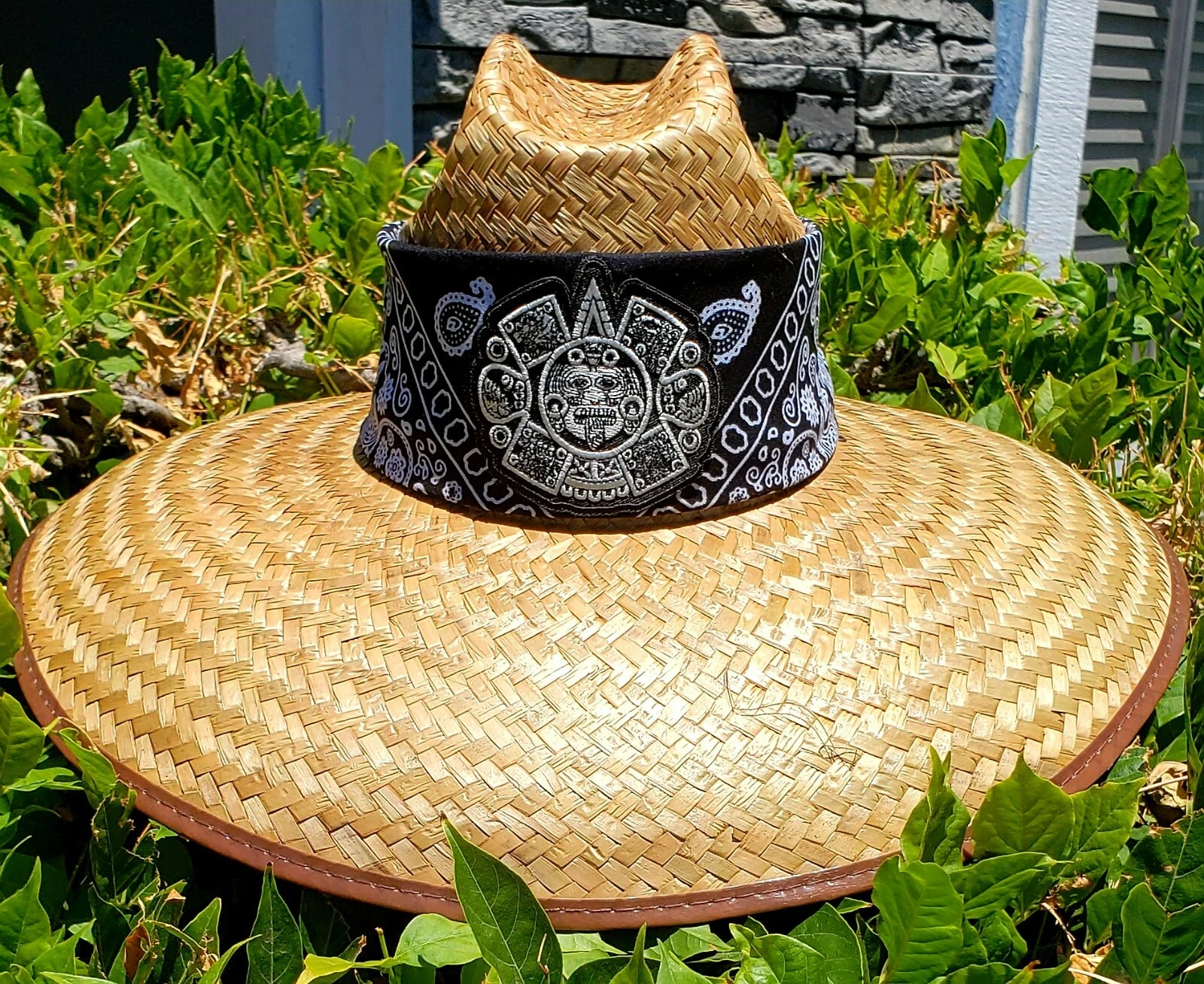 Aztec Black Bandana XL Wide Brim Bamboo Straw Summer hat Sombrero Chicano