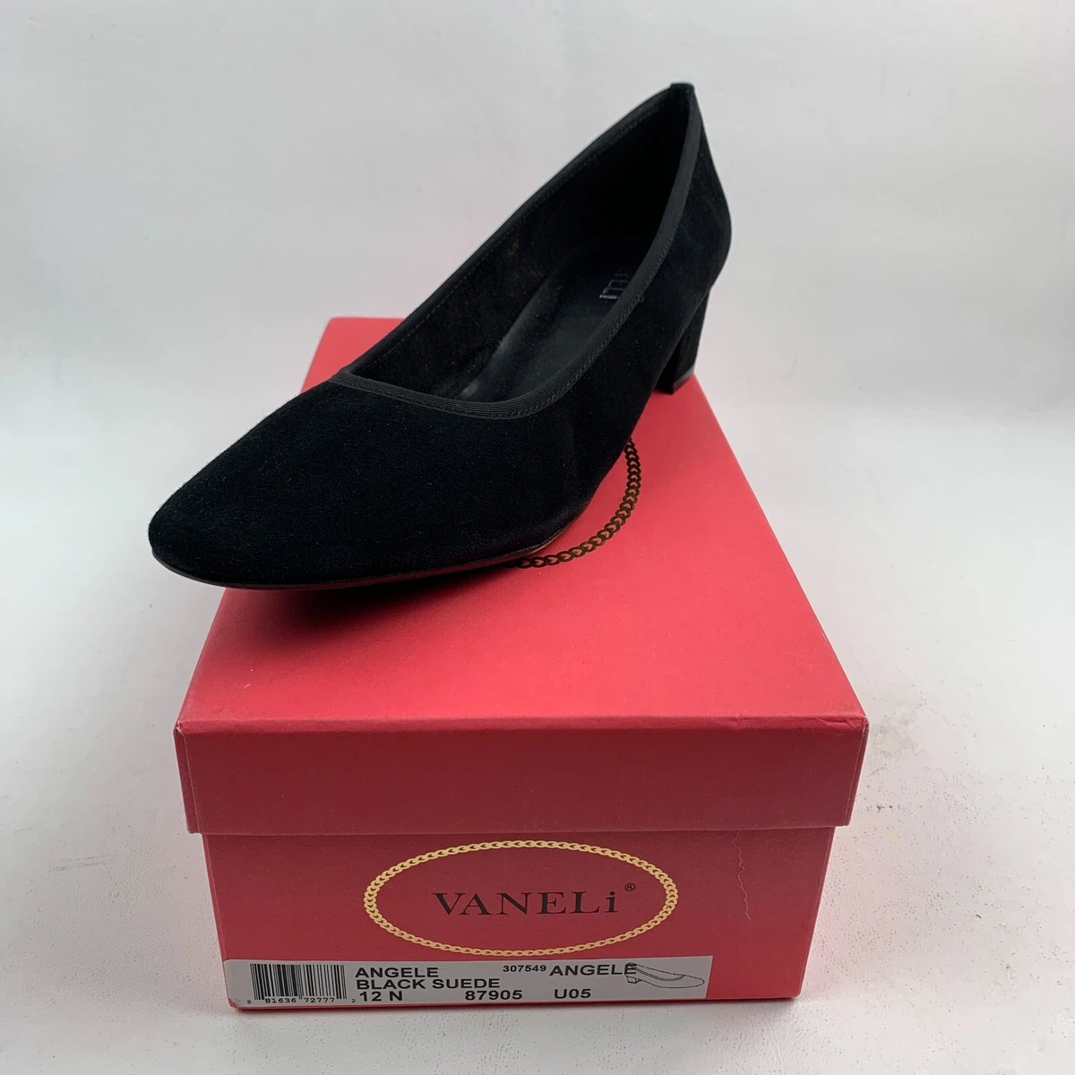 Vaneli Angele Pumps Black Leather Suede Round Toe Block Heel Shoes