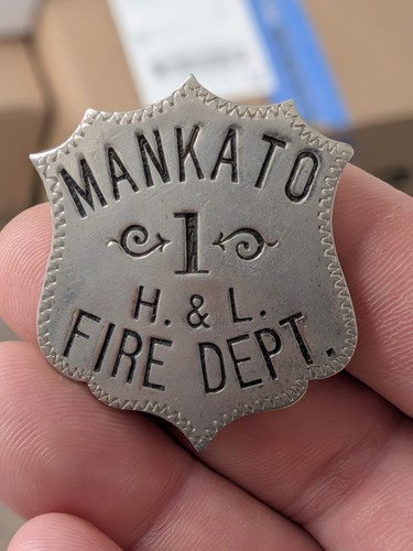 Early Obsolete Hook Ladder Mankato #1 Minnesota Fire Department Badge Hallmarked