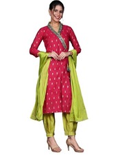 Women's Poly Viscose Embroidered Angrakha Kurta Salwar with Dupatta Set