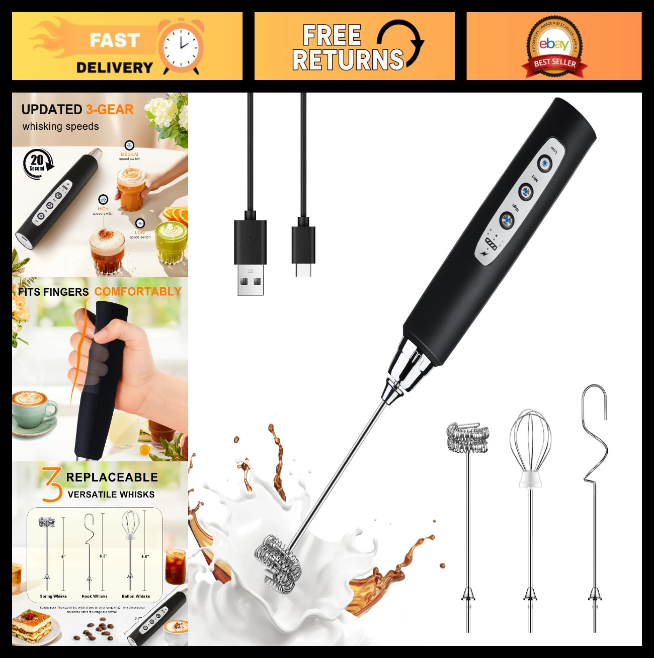 Rechargeable Handheld Milk Frother Wand - Electric Whisk Mixer for Coffee, Latte
