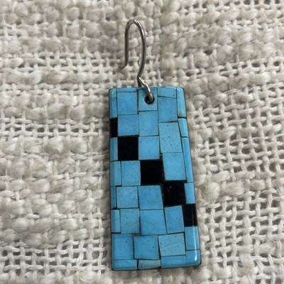 Vintage Rectangular Mosaic Turquoise Inlay Dangle Drop Earring 