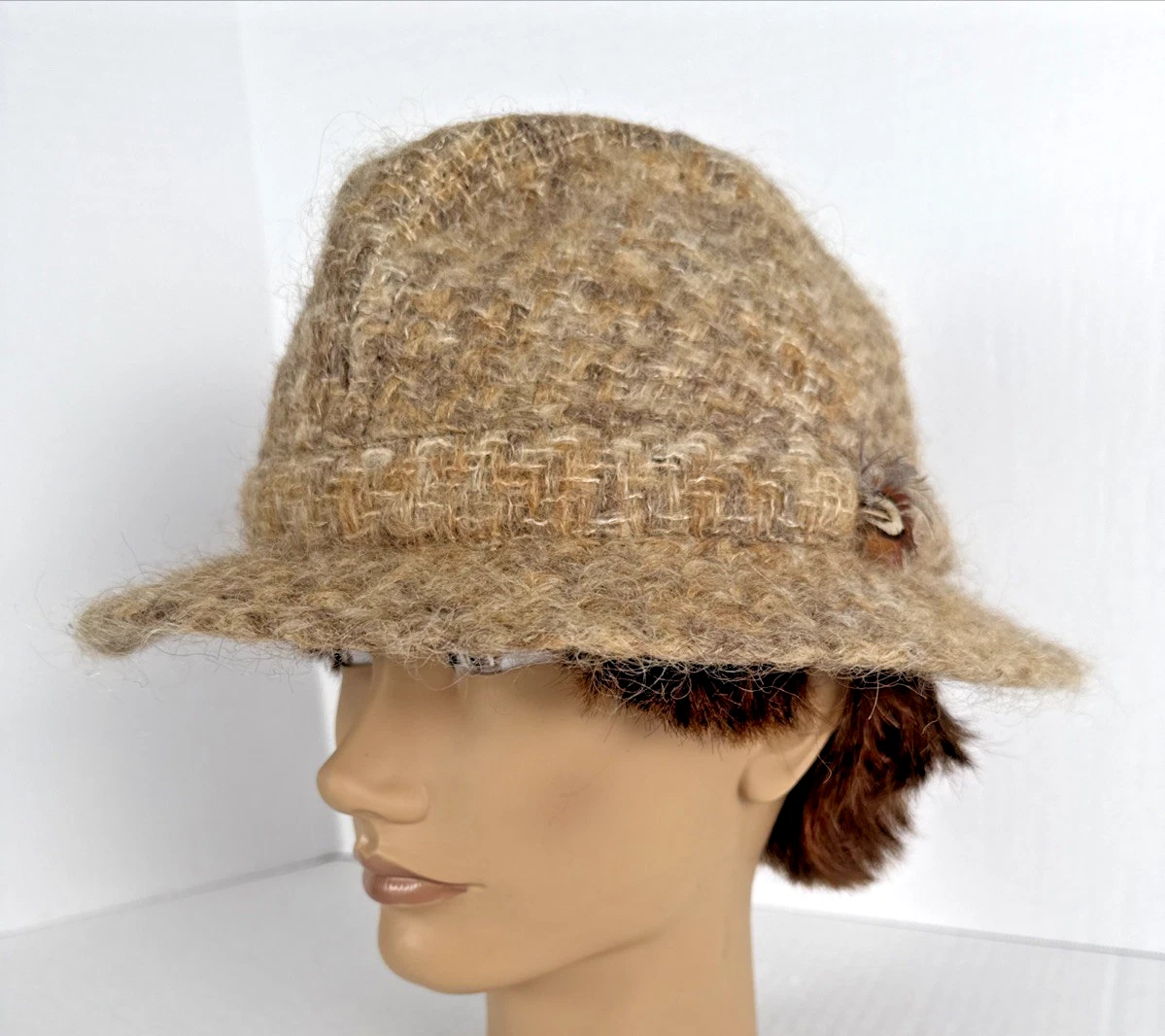 Hats of Ireland Castlebar Wool Blend Bucket Hat Cloche Style Tan Tweed 7-1/4