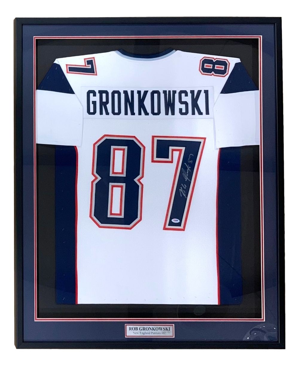 Rob Gronkowski Autographed Signed New England Patriots New England Framed White Football Jersey PSA/DNA Hologram 