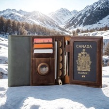 RFID Protection Genuine Leather Passport Wallet With AirTag Holder