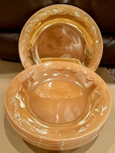 6 Vintage Fire King Anchor Hocking Peach Lustre Soup Bowls 7.5" Laurel Leaf