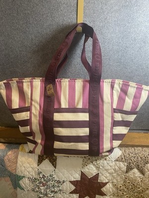 Victoria Secret Pink/Purple Striped XL Canvas Tote Weekender Beach Travel NWT