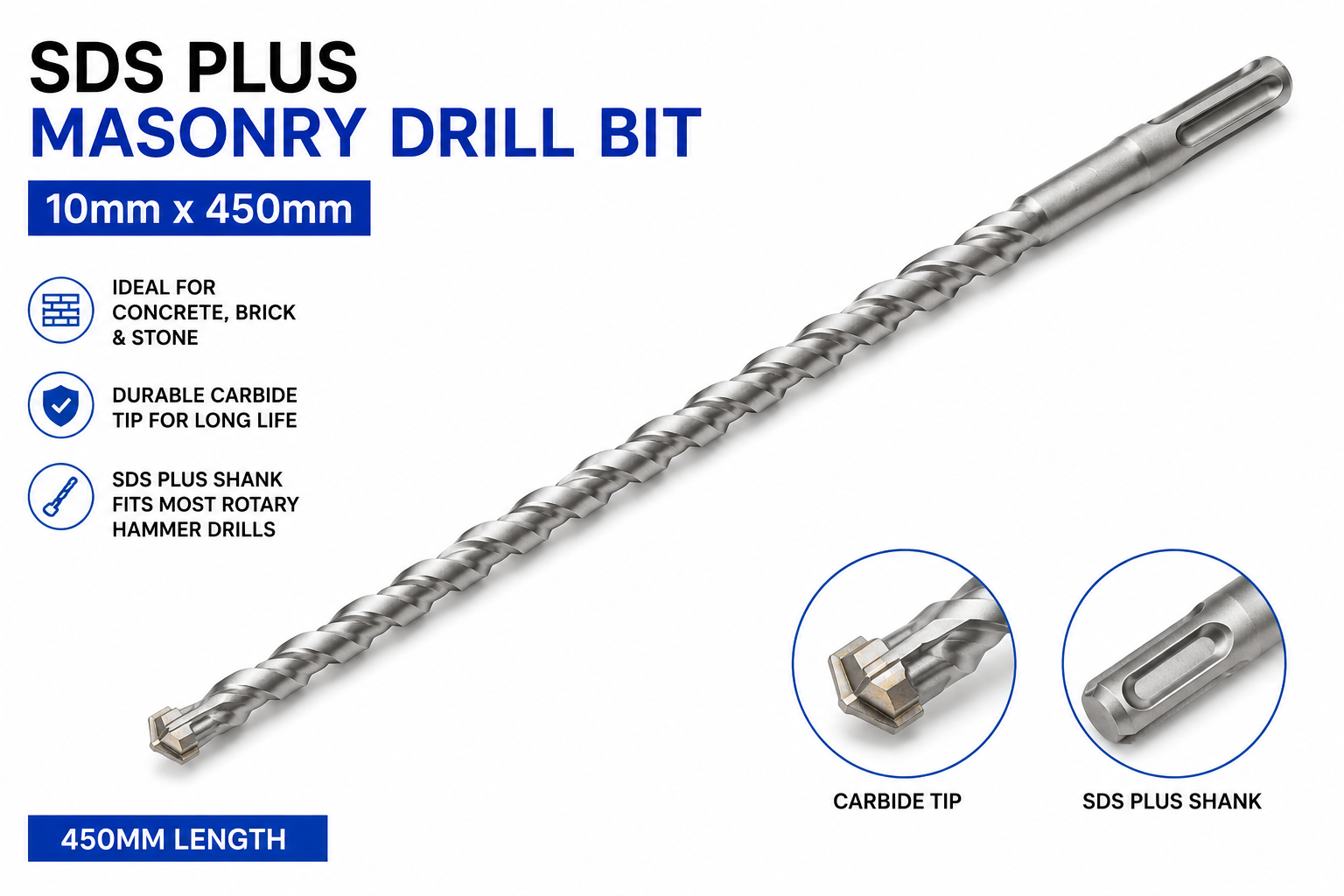 SDS Plus Masonry Drill Bit 10mm x 450mm Long Concrete Brick Stone