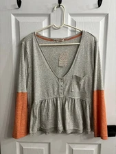 Free People We The Free Peplum Henley Womens Top Size L Gray Orange *NEW*